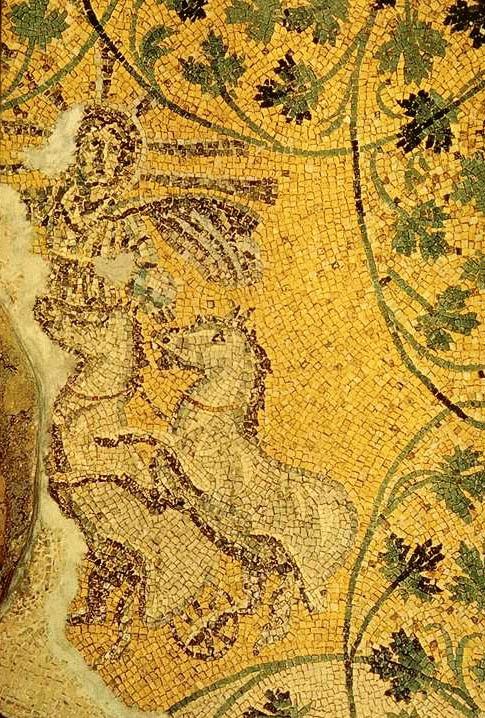 Christ avec une auréole et les attributs de Sol Invictus : chevaux cabrés. Mosaïque de la nécropole sous la basilique Saint-Pierre de Rome (Wikipédia)